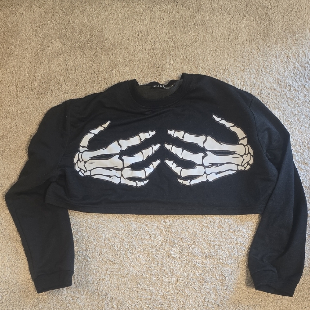 Black Skeleton Hands Cropped Sweatshirt